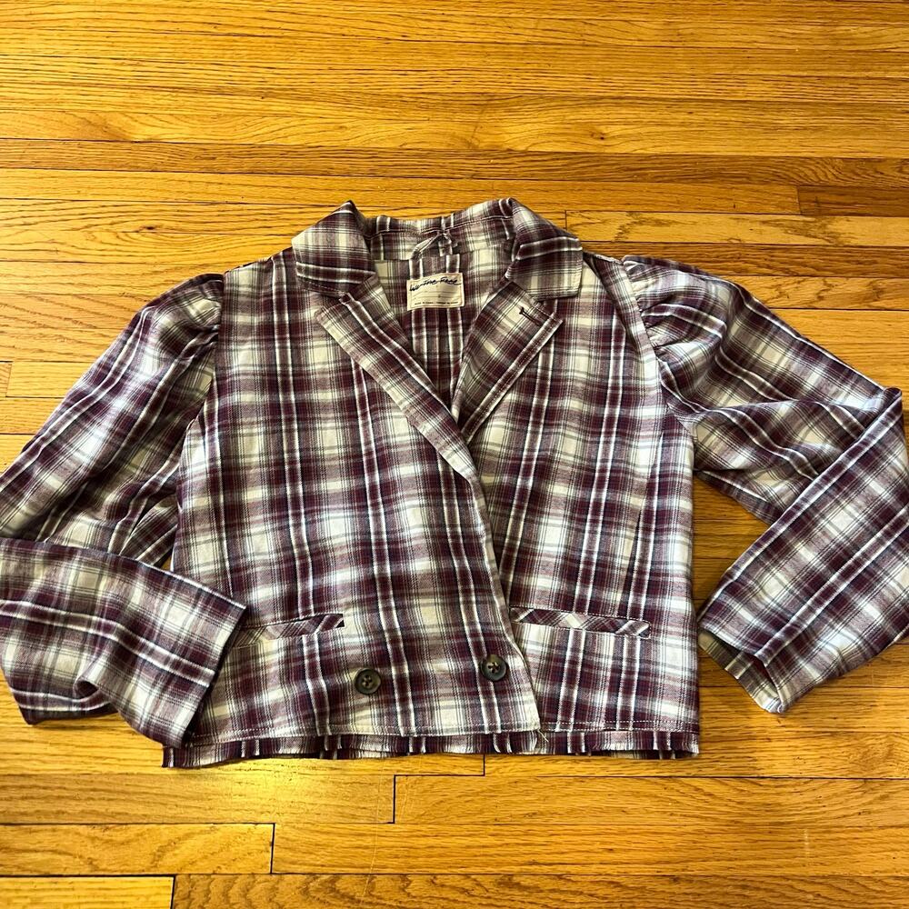 We The Free People Blazer Womens Small Cropped Plaid Jacket Coat Maroon Gray